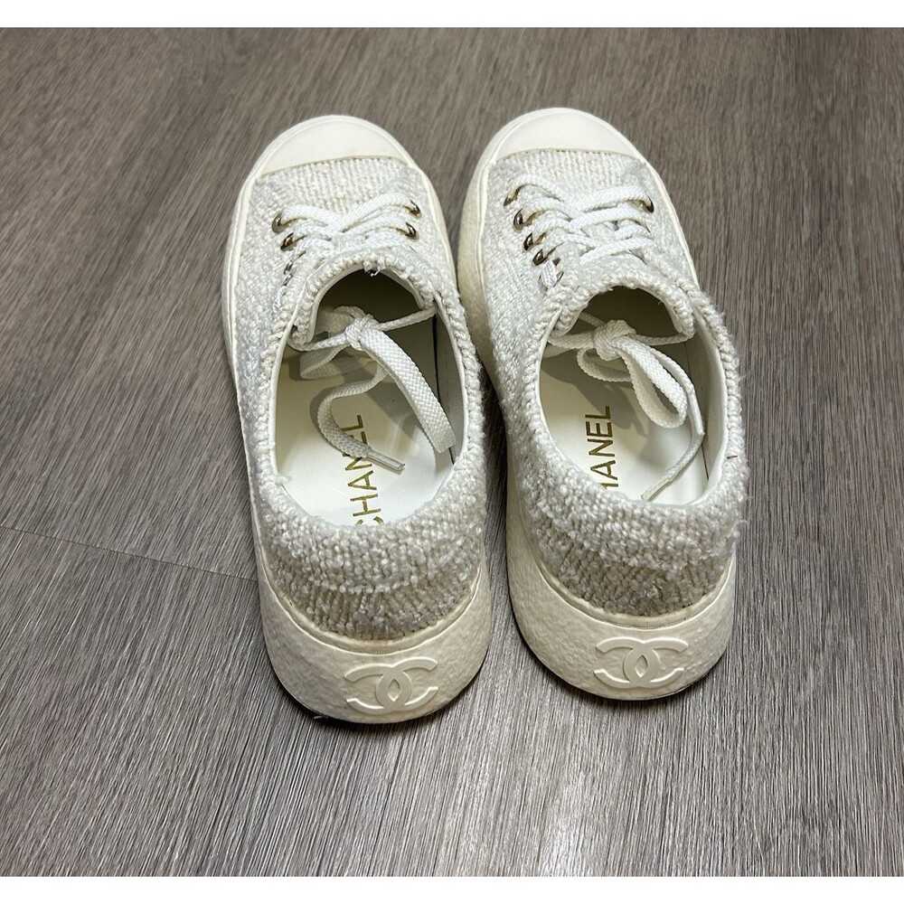 Chanel 24P Tweed Low Top Sneakers Shoes White Gold Eyelets Women's Size 39 - Picture 7 of 13